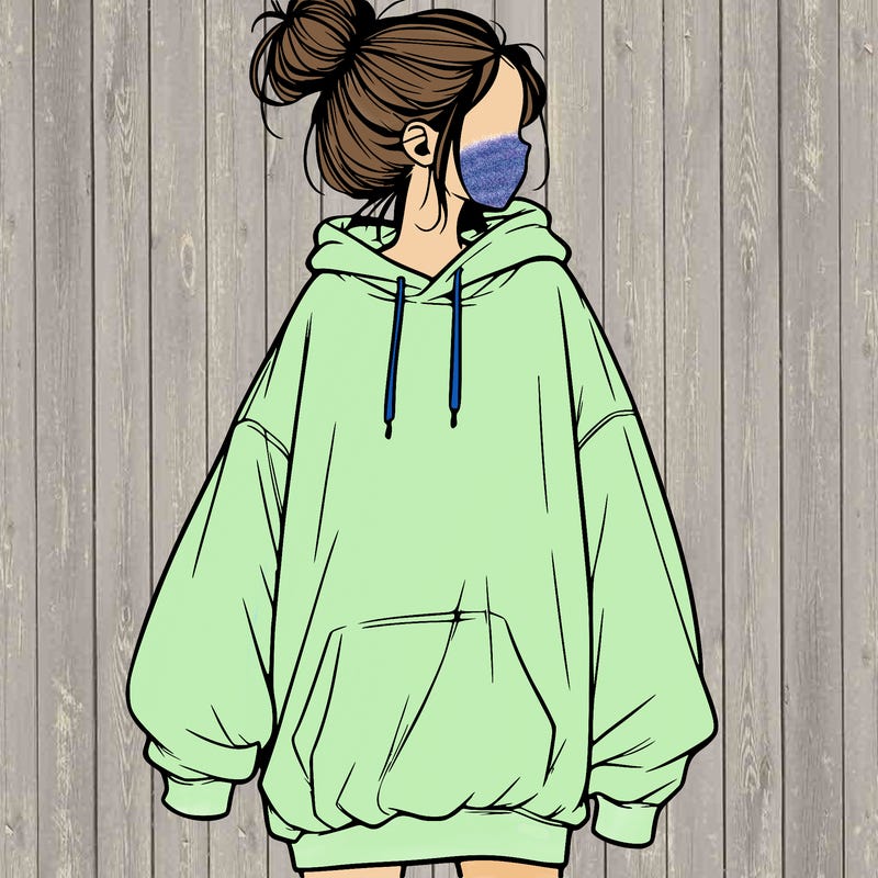 realistic girl with a oversized sweatshirt on and a bun