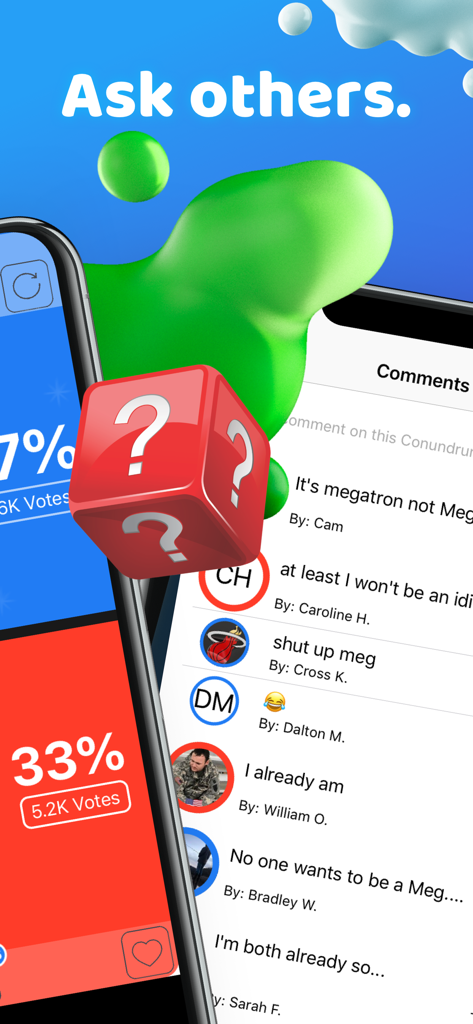 Pantallas de la aplicación móvil que muestran los resultados de votación de dilemas y la sección de comentarios de usuarios