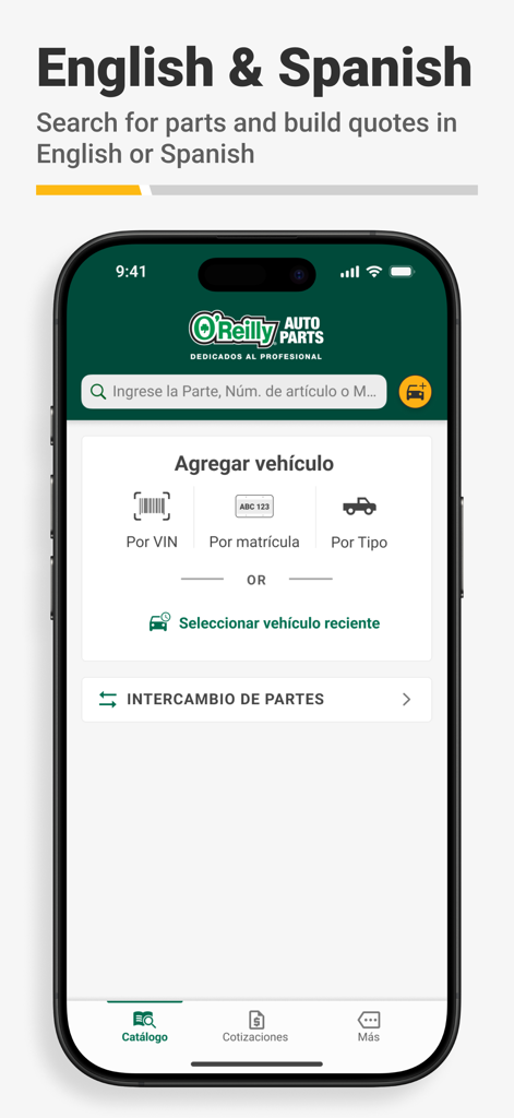 O'Reilly Pro app interface displayed in Spanish for professional automotive parts search.