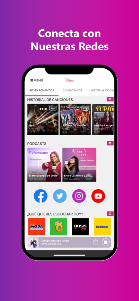 Oigo – Radios fm, podcasts - Interfaz móvil de la aplicación Oigo que muestra estaciones de radio peruanas, podcasts y enlaces a redes sociales