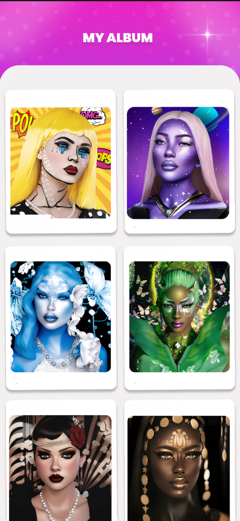 Makeover Star 3D: Beauty Games - Una galería de looks de maquillaje diversos y creativos que incluyen estilos de galaxia y arte pop en la sección Mi Álbum del juego