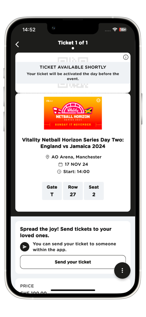 England Netball Tickets app interface showing event information for England versus Jamaica.