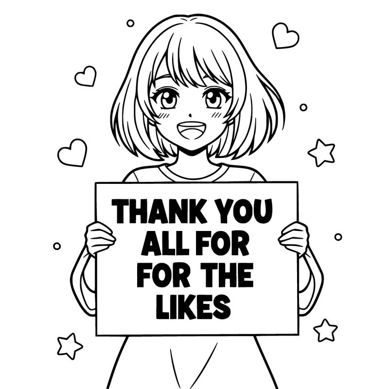 anime girl with bob cut  smiling while ￼holding a sign that says thank you all for the likes