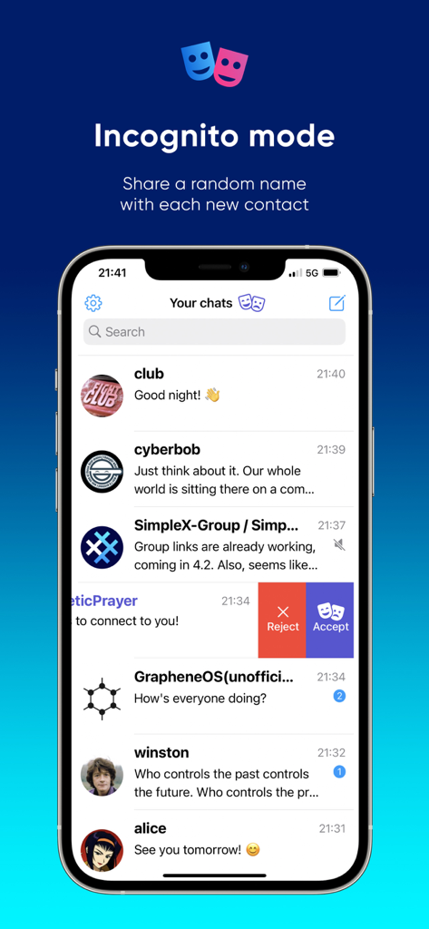 Interface of SimpleX Chat app showing the incognito mode feature and a list of encrypted chats.