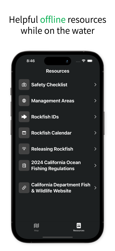 CA FishMap - Screenshot of the CA FishMap app showing offline resources such as fishing regulations and rockfish identification guides.