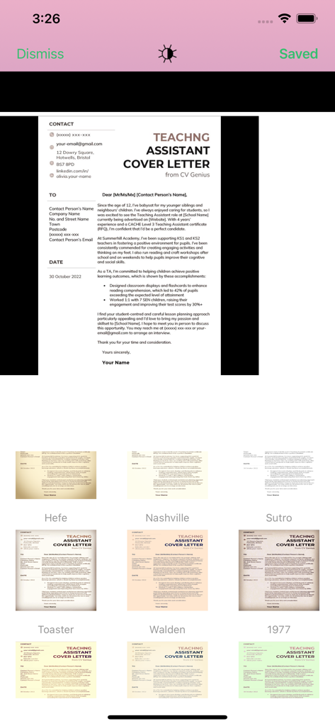 Genius PDF & Document Scanner - Interface of the Genius PDF Scanner app displaying various image filters to enhance a scanned cover letter.