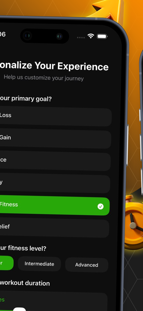 AVita Harmony - Uma tela de personalização no aplicativo AVita Harmony mostrando opções para metas de condicionamento físico primárias, nível de condicionamento físico e seleção de duração do treino