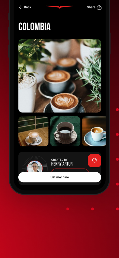 Victoria Arduino E1 Prima - ヘンリー・アーサーが作成したコロンビアコーヒーレシピを表示するVictoria Arduino E1 Primaアプリ画面。プロの写真とセットされたマシンスイッチを備えています。