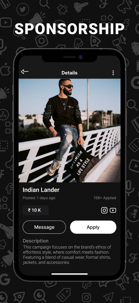 Flytant - Flytant app screen showing a lifestyle brand sponsorship campaign with an application button
