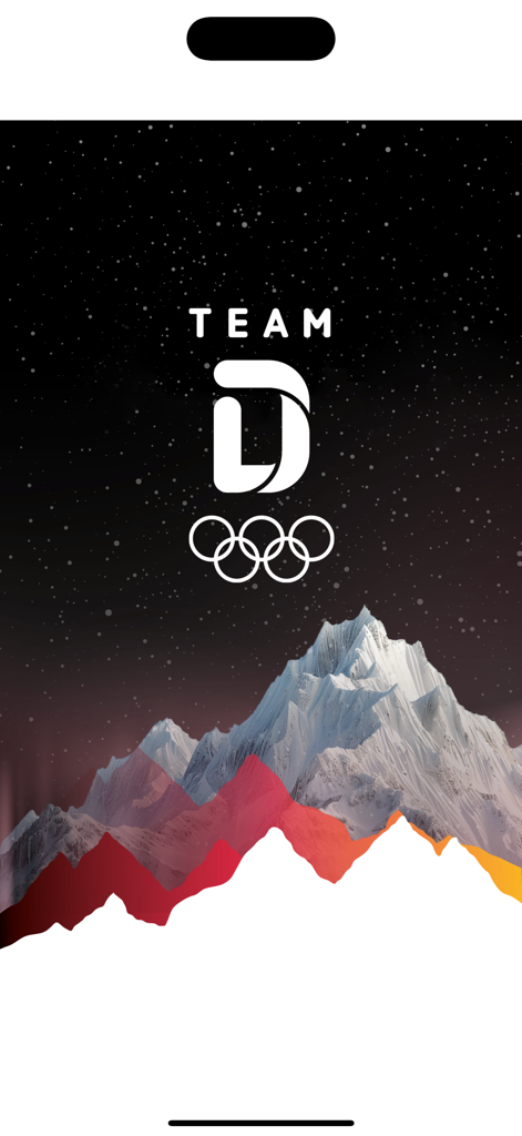 Startbildschirm der Team D Team-App mit den Olympischen Ringen und verschneiten Bergen unter einem sternenklaren Nachthimmel