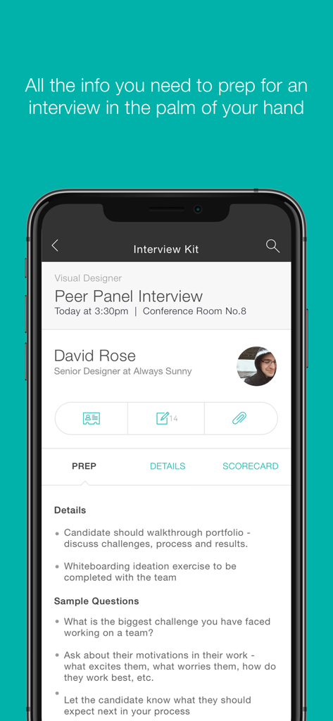 Greenhouse Recruiting - Greenhouse Recruiting mobile app interface showing an interview kit with candidate details and interview preparation questions