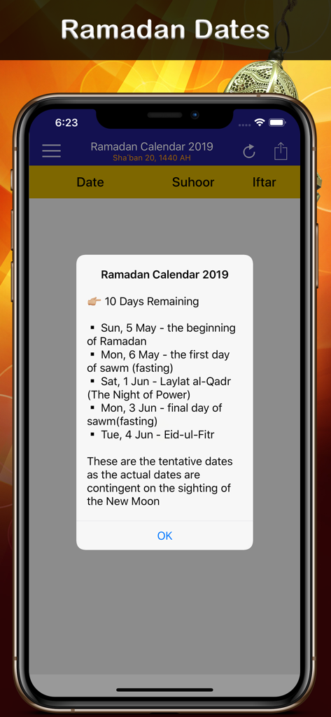 Screenshot of the Ramadan Calendar app displaying important dates for fasting and Eid-ul-Fitr