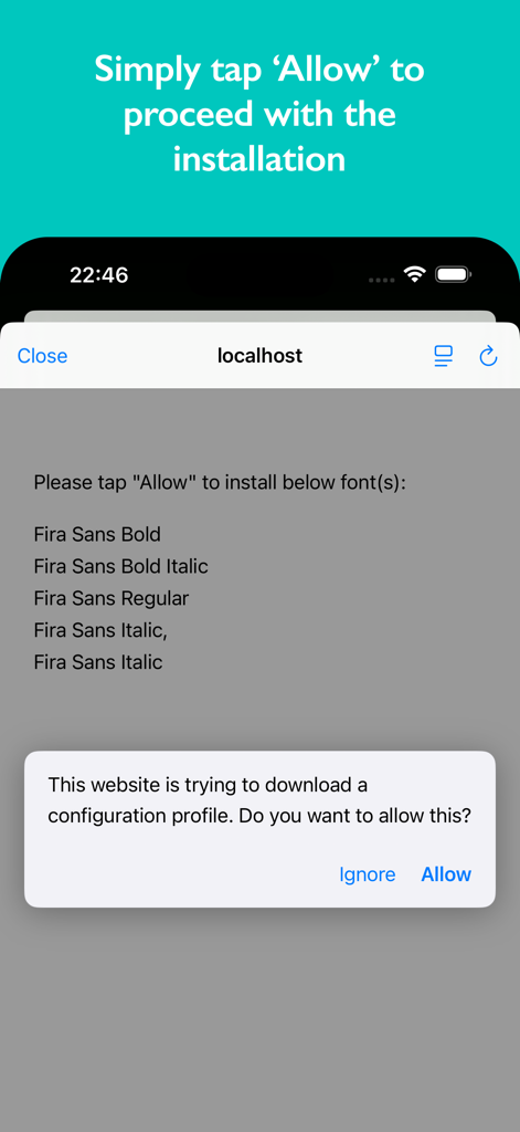FondFont: Install System Fonts - A mobile screenshot showing FondFont requesting permission to install a configuration profile for fonts like Fira Sans on an iPhone
