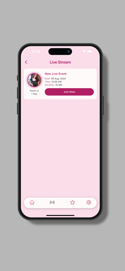 A screenshot of the Aditi Mistry Official App showing a scheduled live stream event with a Join Now button and event details.