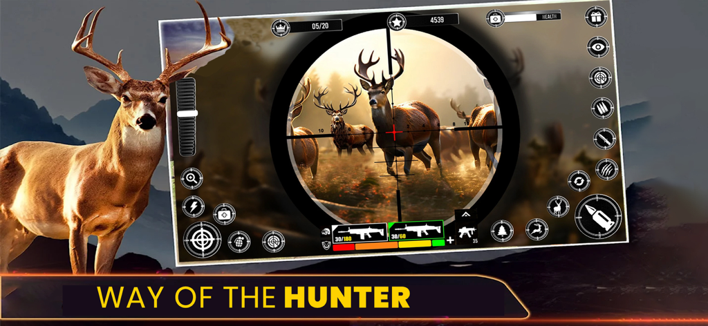 Hunting Sniper - Animal Hunter - Sniper scope view targeting a deer in the Hunting Sniper Animal Hunter game
