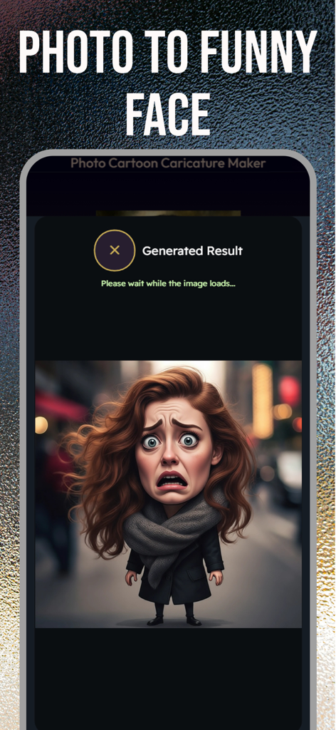 Caricature Maker - Toon Me Art - AI-powered caricature of a woman with an exaggerated funny facial expression on a mobile app interface