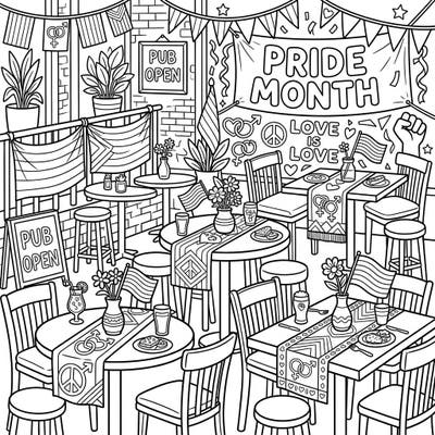 Step into a vibrant celebration with our Pride Month Pub & Bistro Tables coloring page! This joyful scene is packed with symbols of love and community, perfect for a festive coloring session.