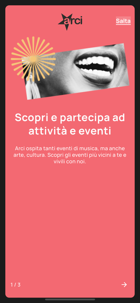 Tessera ARCI - Onboarding screen of the Tessera ARCI mobile app highlighting how to discover and participate in cultural events and activities.