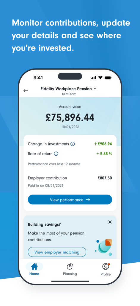 Fidelity PlanViewer app dashboard showing workplace pension account value and investment performance