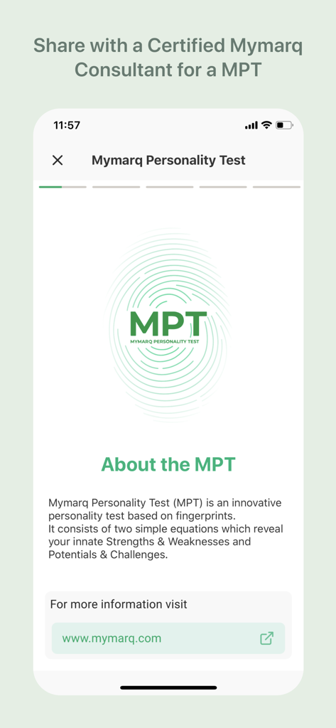 MyMarq - MyMarq app screen explaining the Mymarq Personality Test based on fingerprints to reveal innate strengths and challenges