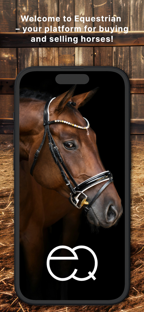 Pantalla de bienvenida de la aplicación Ecuestre que muestra un caballo con una brida y un mensaje para comprar y vender caballos.