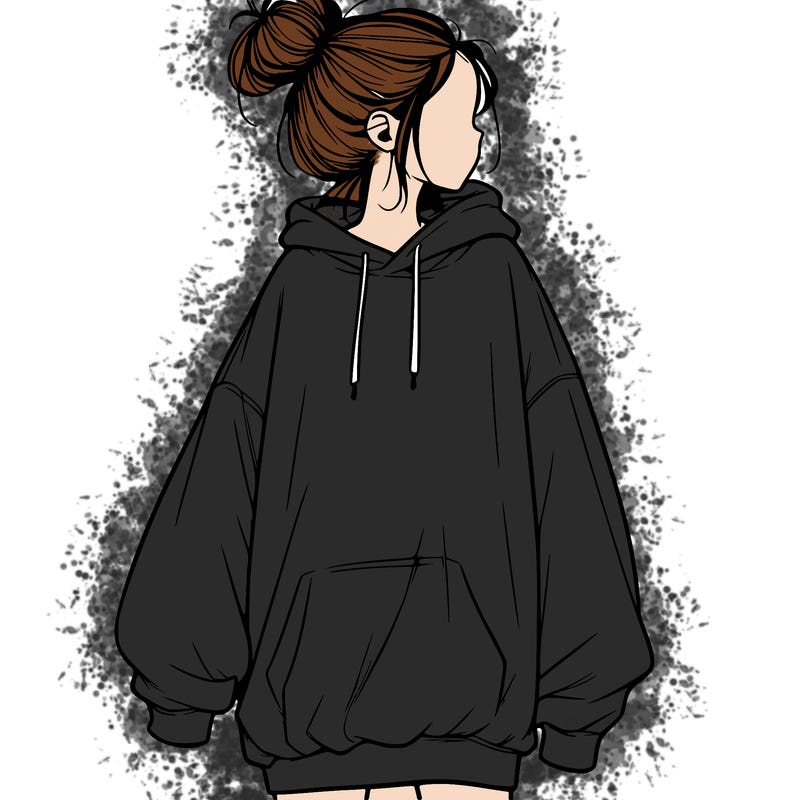 realistic girl with a oversized sweatshirt on and a bun