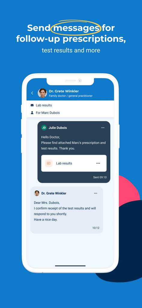 Doctolib - Your health partner - Interface of the Doctolib app showing a secure conversation between a patient and a doctor to share medical documents and lab results.