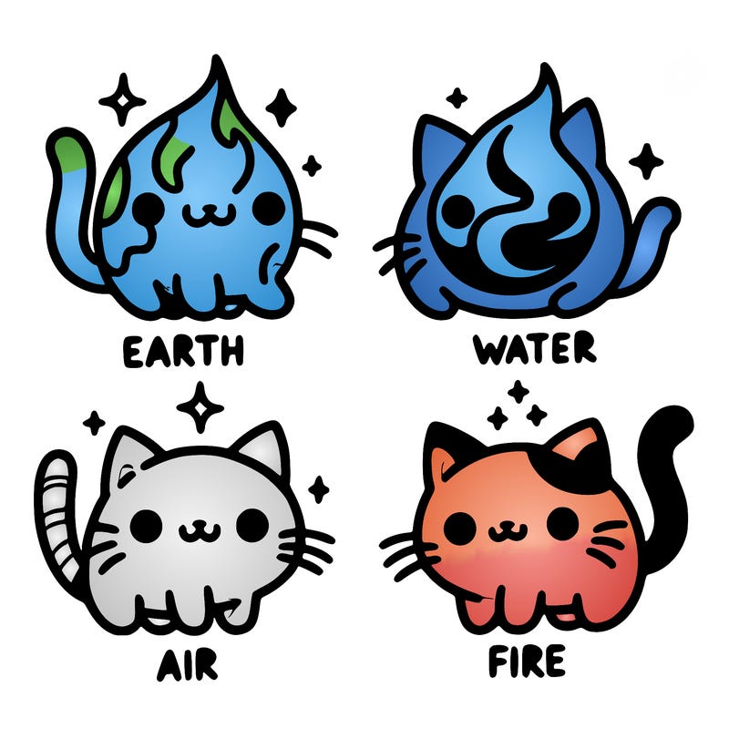 4 cats that represent the different elements, earth, water, air, and fire