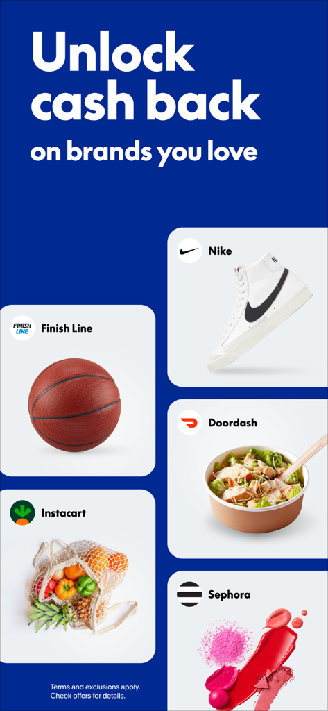 PayPalアプリプロモーション画面、Nike、Sephora、DoorDashなどのブランドのキャッシュバック特典を強調