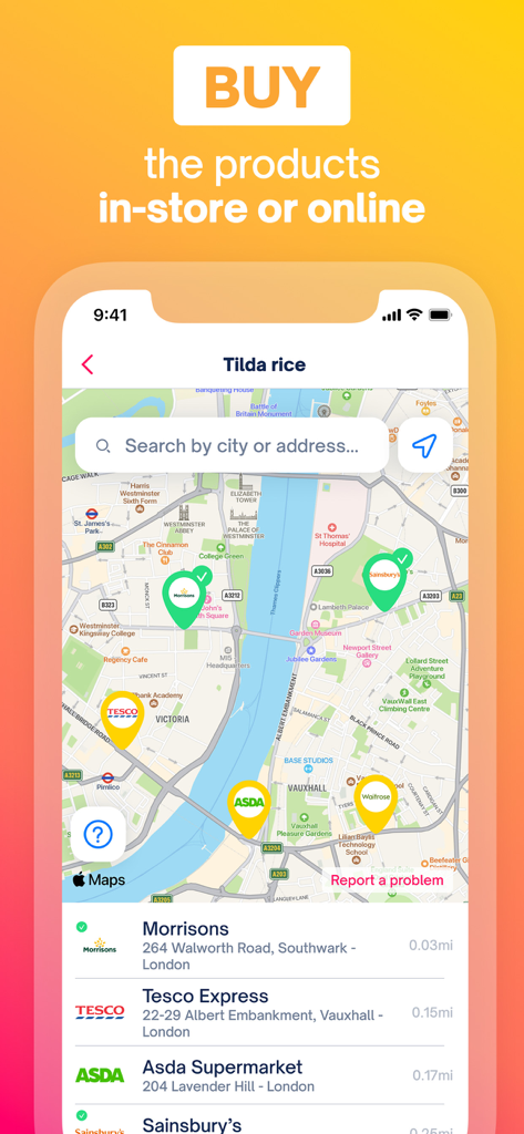 Vista mappa nell'app Shopmium che mostra le posizioni dei supermercati vicini per trovare offerte di cashback