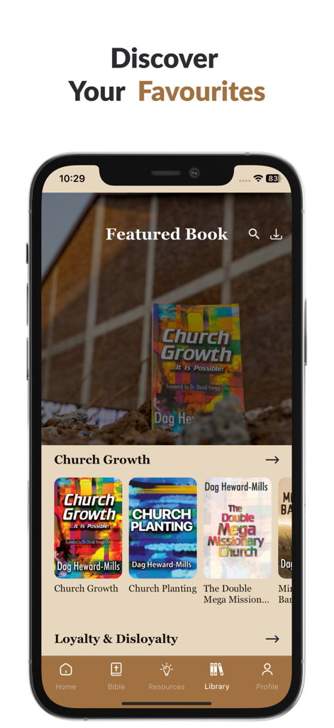 Dag Bible - Interfaz de la biblioteca de la aplicación Biblia Dag que muestra varios libros ministeriales de Dag Heward-Mills sobre crecimiento de la iglesia y liderazgo