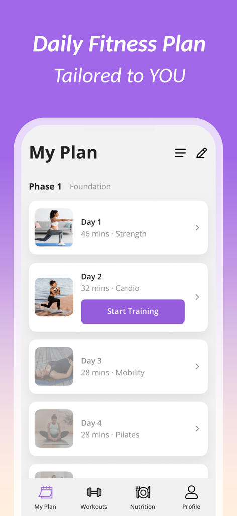 FitMama: Pregnancy Workout - Captura de pantalla de la app FitMama que muestra un plan de fitness diario personalizado con ejercicios de fuerza, cardio y movilidad para madres