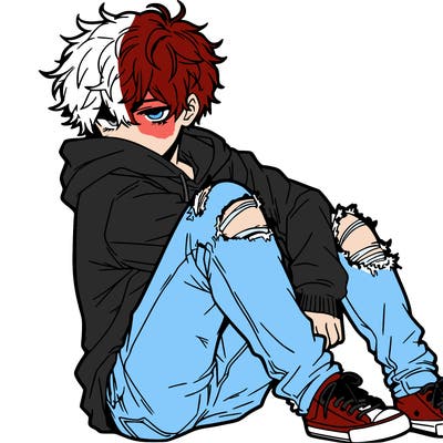 a male hoddie ripped jeans messy hair anime