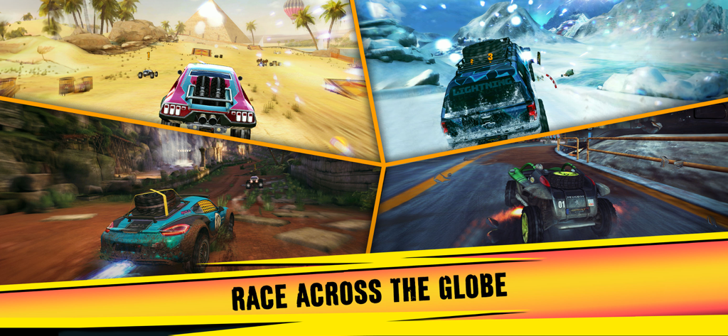 Asphalt Xtreme - Collage of off-road vehicles racing in desert snowy mountain and jungle locations with the caption Race Across the Globe