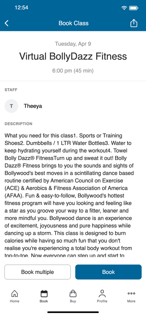 Bolly Dancing - Bolly Dancing app class booking screen showing Virtual BollyDazz Fitness details and instructor information