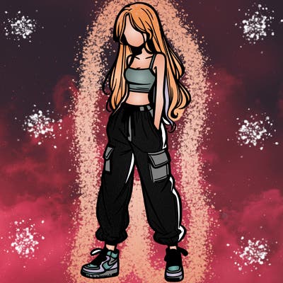 girl in baggy pants crop top and long hair