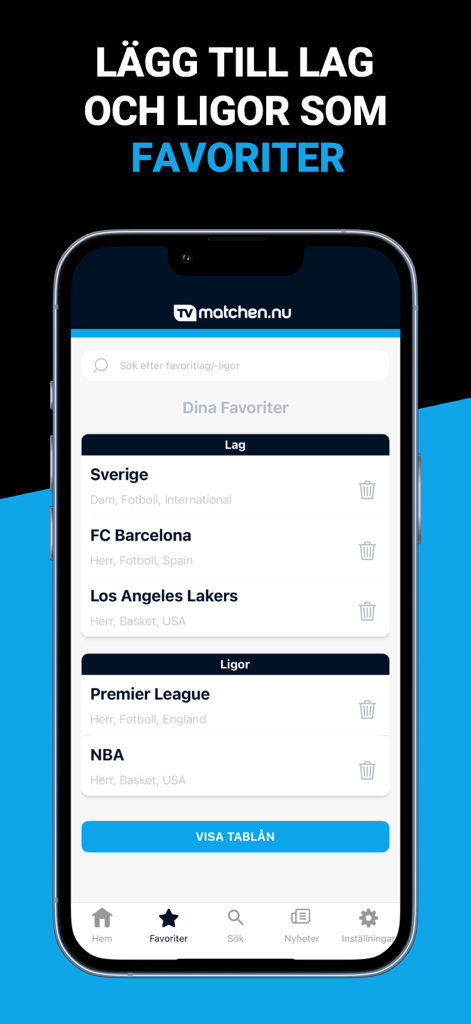 TVmatchen.nu - Sport på TV - Mobile app interface for adding favorite sports teams and leagues to a personalized TV schedule.