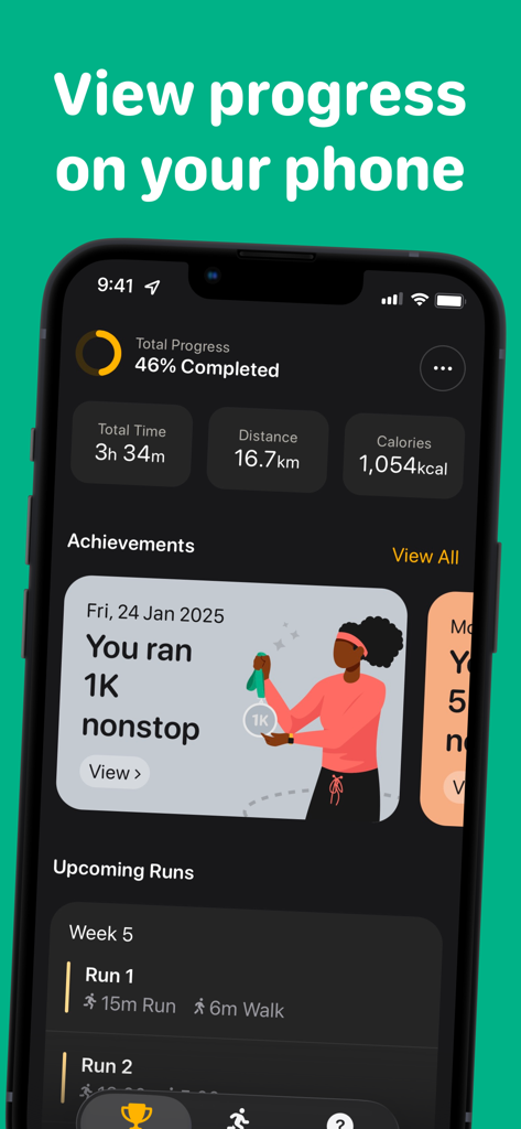 Watch to 5K－Couch to 5km plan - Panel del iPhone de la aplicación Watch to 5K mostrando estadísticas de progreso de carrera e insignias de logros.