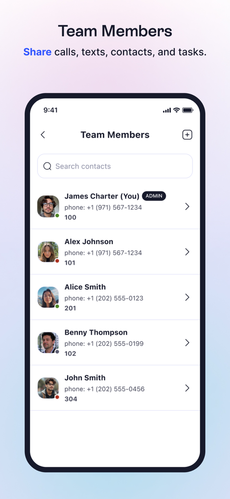 A mobile interface showing a directory of team members and their business phone extensions