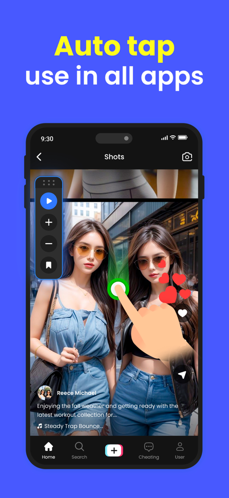 Auto Clicker - Self Clicker - Smartphone screen showing the Auto Clicker app interface with an overlay performing automated taps on a social media video