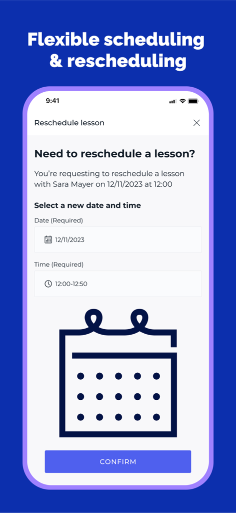Interfaz de la app GoStudent que muestra opciones para reprogramar una clase de tutoría con un calendario y herramienta de selección de hora
