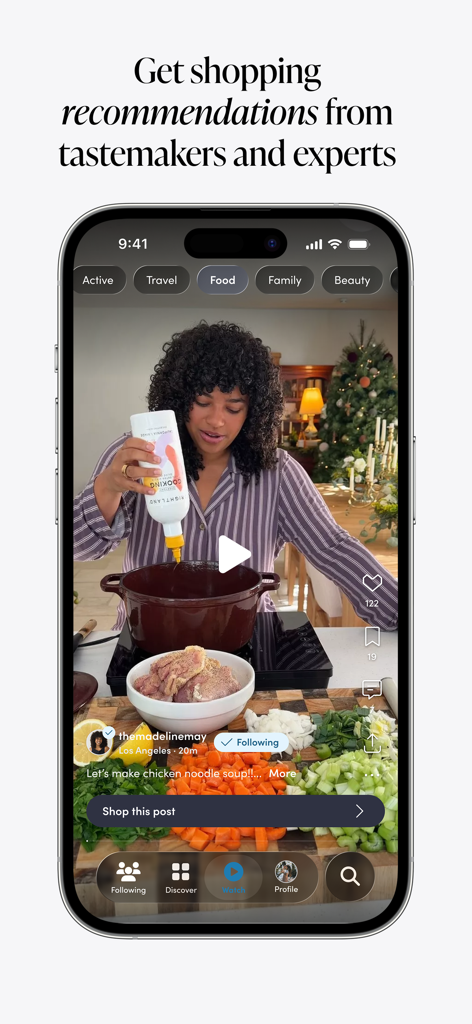 A woman cooking a recipe in a video on the LTK shopping app with a shop this post button.