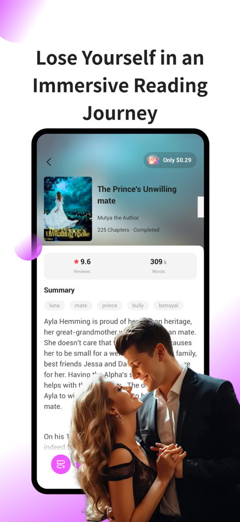 NovelTrove - Smartphone screen displaying a romance book titled The Princes Unwilling Mate in the NovelTrove app with a couple embracing in the foreground