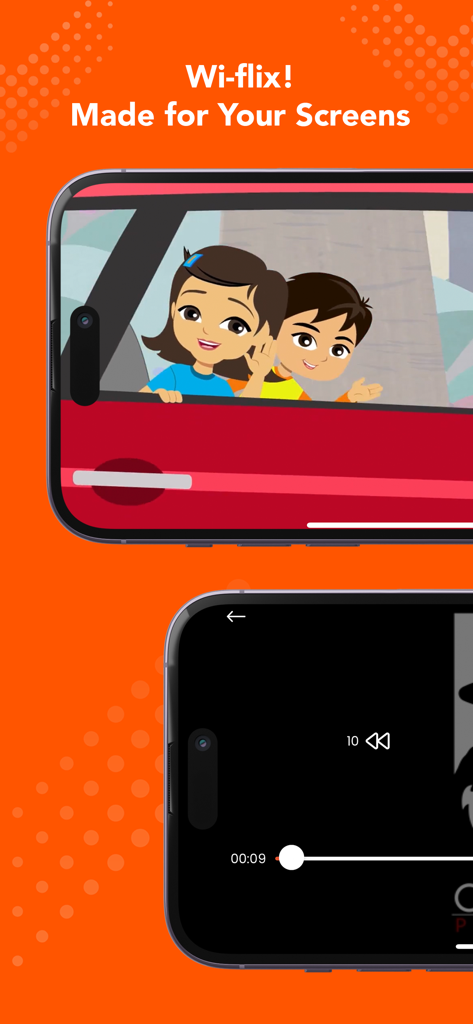 Wi-flix - Interfaz de la aplicación Wi-flix mostrando animación y reproductor de video en dispositivos móviles