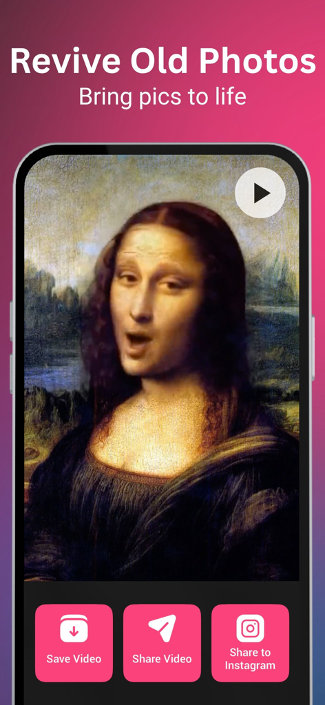 Facezy app interface animating a photo of the Mona Lisa with buttons to save and share