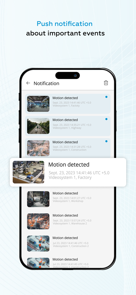 Eocortex - Eocortex mobile App-Oberfläche, die eine Liste von Sicherheit-Push-Benachrichtigungen für Bewegungsereignisse an mehreren Industriestandorten anzeigt