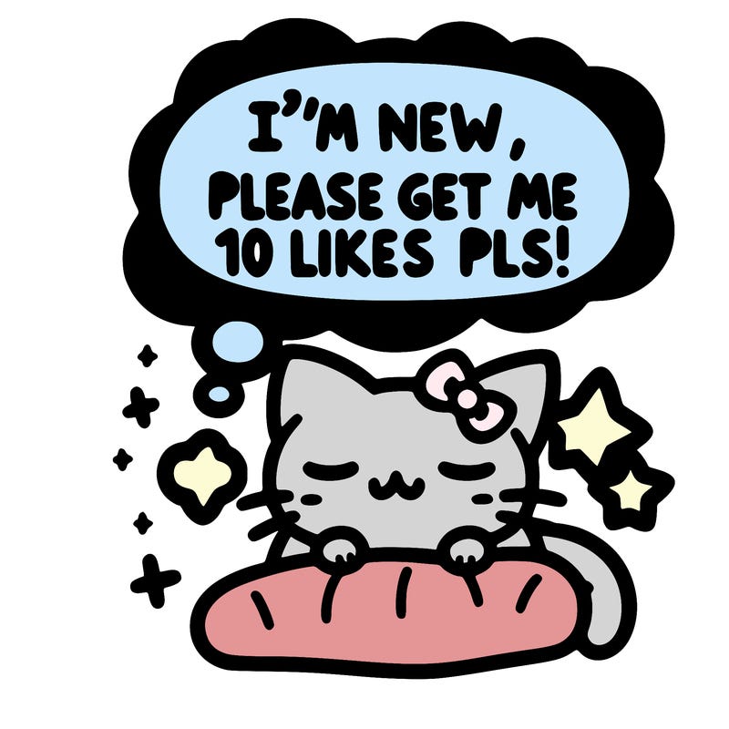 kitty taking a nap dream talking and saying "i'm new, please get me at least 10 likes pls!!"