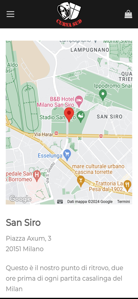 Google Map showing the San Siro stadium meeting point for AC Milan supporters
