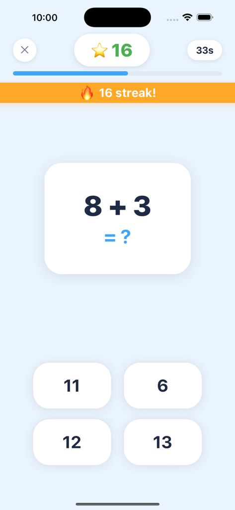 Math Sprint Arithmetic - Math Sprint Arithmetic gameplay screen showing an addition problem with multiple choice answers and a sixteen answer streak