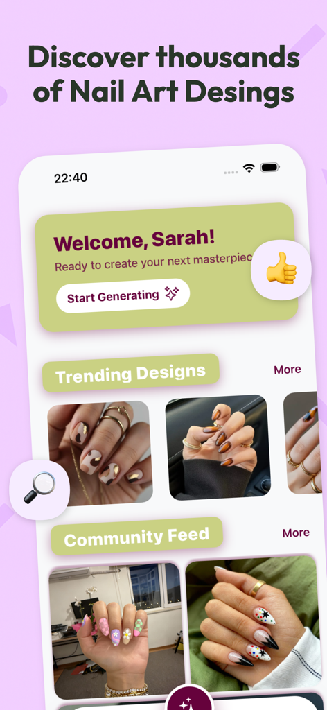 AI Nail Art Try On - CutieCure - Home screen of the CutieCure app featuring trending nail art designs and a community feed.